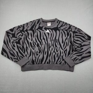 Adidas Sweatshirt Womens L Gray Zebra Animal Print Crewneck Pullover Fleece Crop